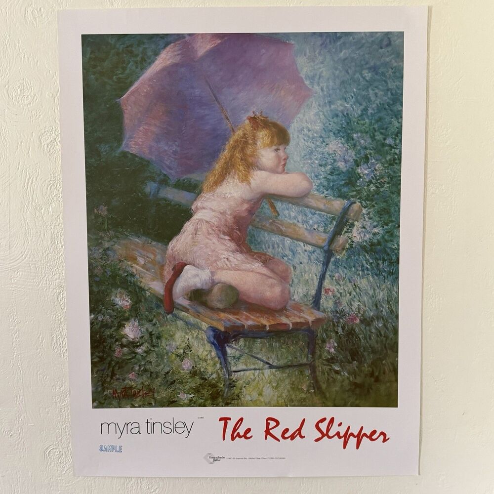 Myra Tinsley The Red Slipper Art Print Sample 1987 Girl On Bench Umbrella 32x24”